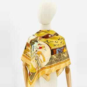 Vintage Y2K Chinese Silk Yellow Calligraphy Figural Scene Square Scarf